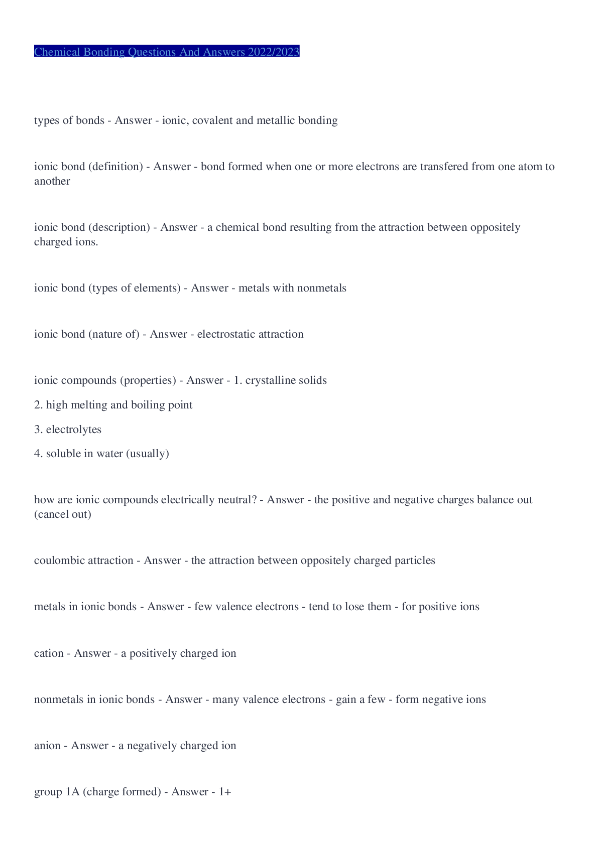 Preview image for Chemical Bonding Questions And Answers 2022/2023